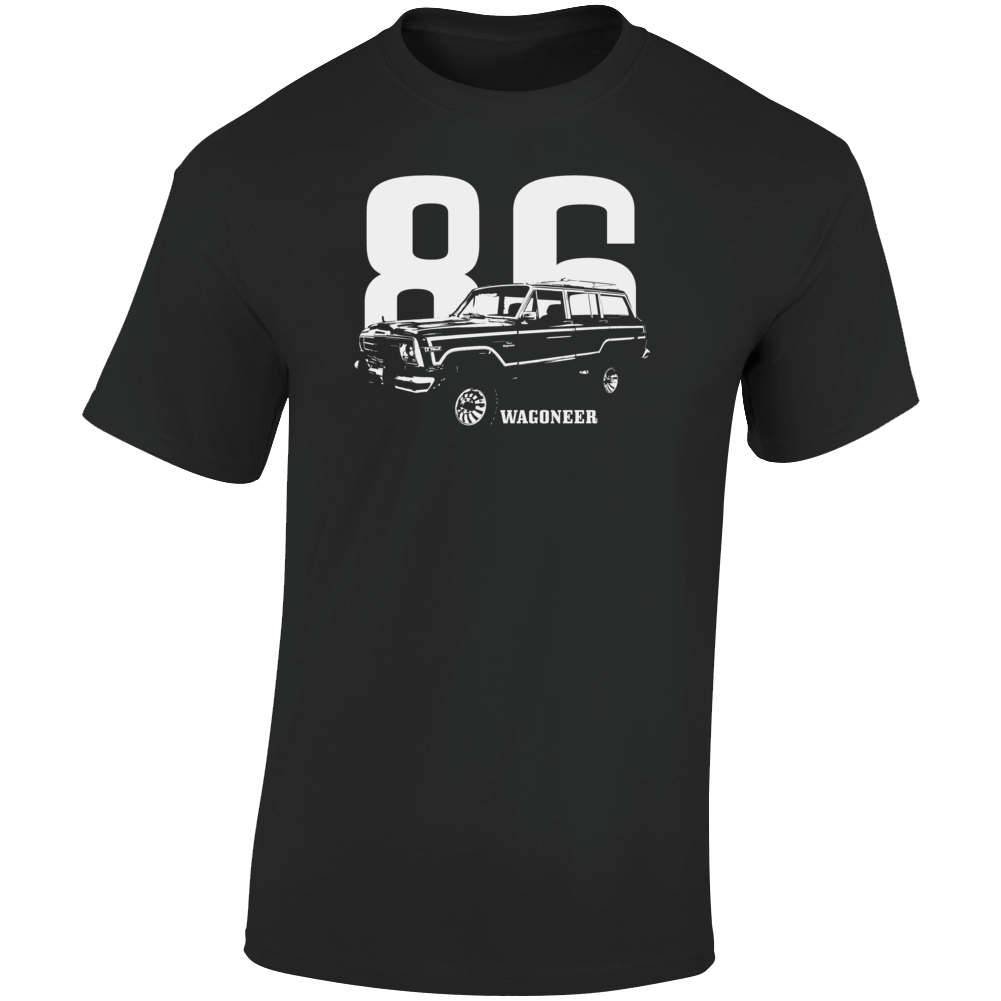1986 Wagoneer Three Quarter Angle View With Year And Model Name Dark Color T Shirt