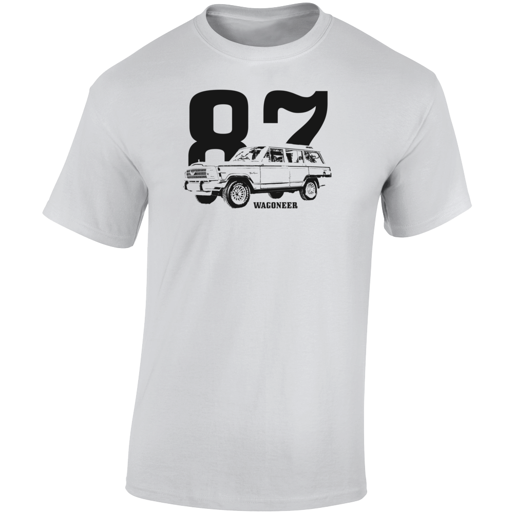 1987 Wagoneer Three Quarter Angle View With Year And Model Name Light Color T Shirt