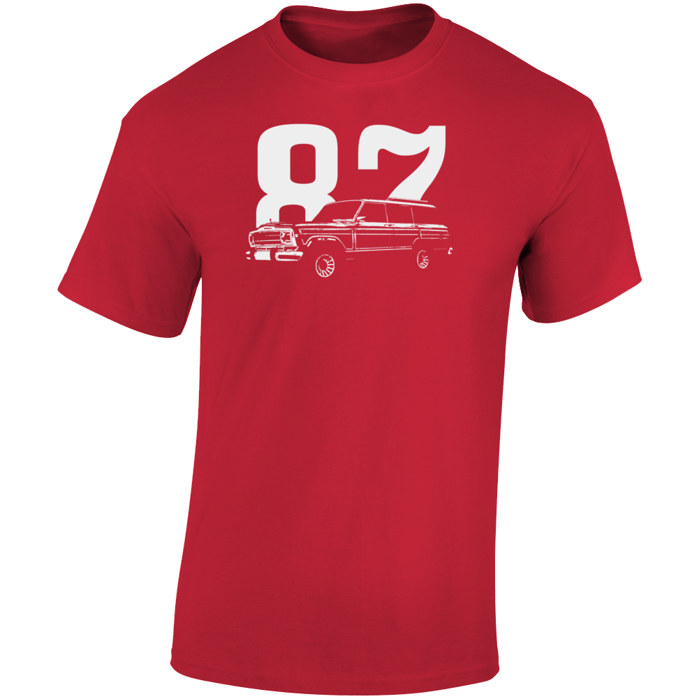1987 Wagoneer Three Quarter Angle View With Year Dark Color T Shirt