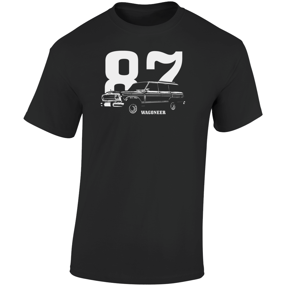 1987 Wagoneer Three Quarter Angle View With Year And Model Name Dark Color T Shirt