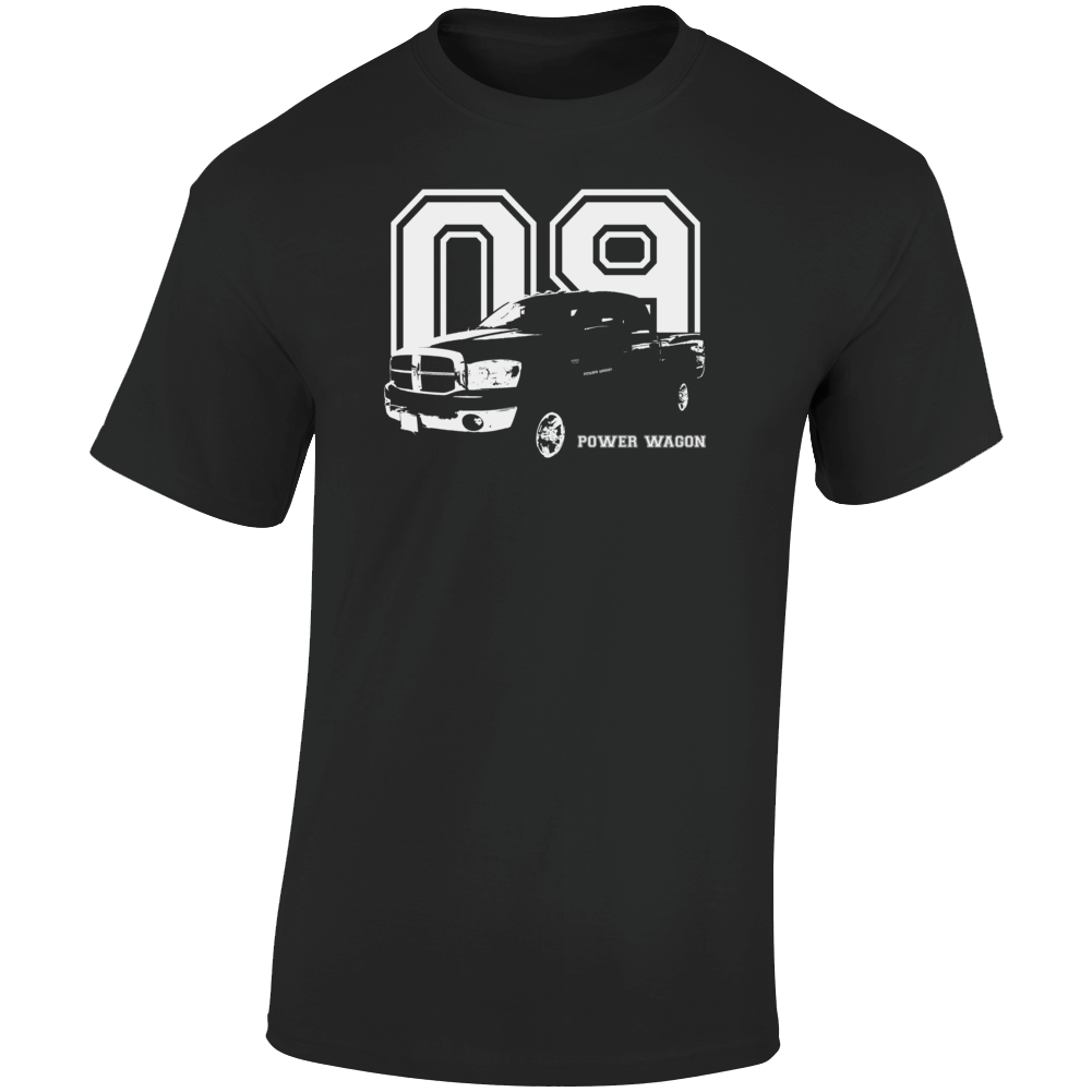 2009 Power Wagon Three Quarter Angle View With Year And Model Name Dark Color T Shirt