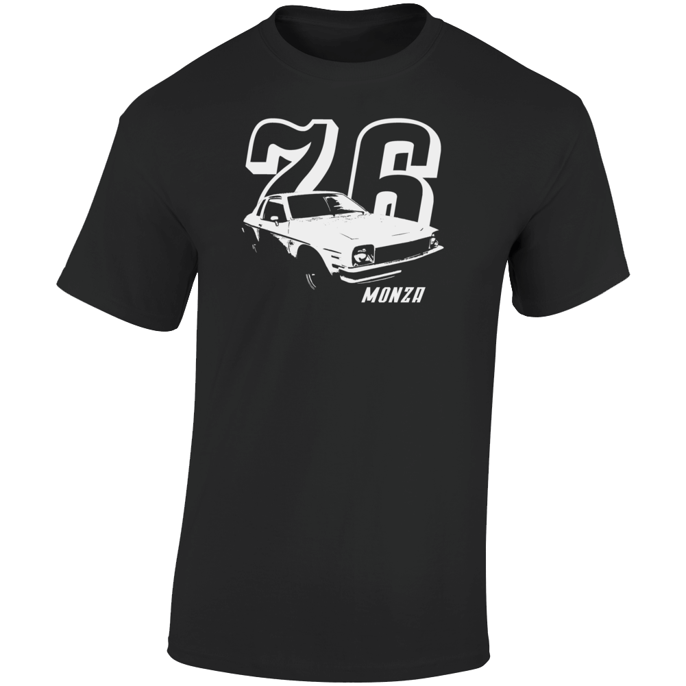 1976 Monza Three Quarter Angle View With Year And Model Name Dark Color T Shirt