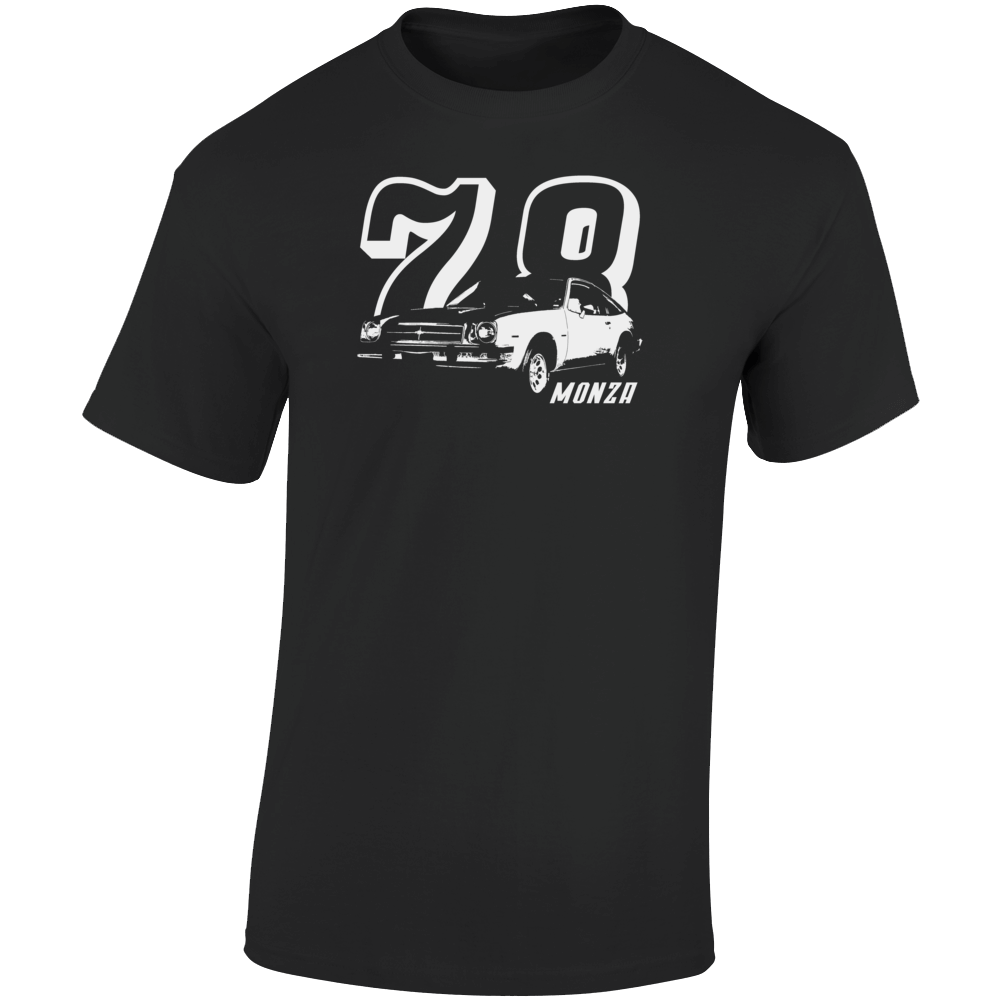 1978 Monza Three Quarter Angle View With Year And Model Name Dark Color T Shirt