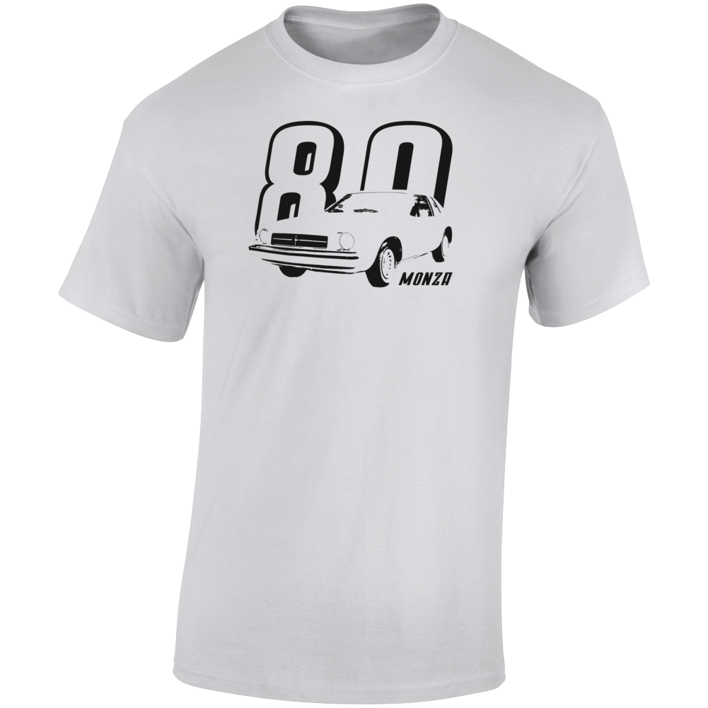 1980 Monza Three Quarter Angle View With Year And Model Name Light Color T Shirt