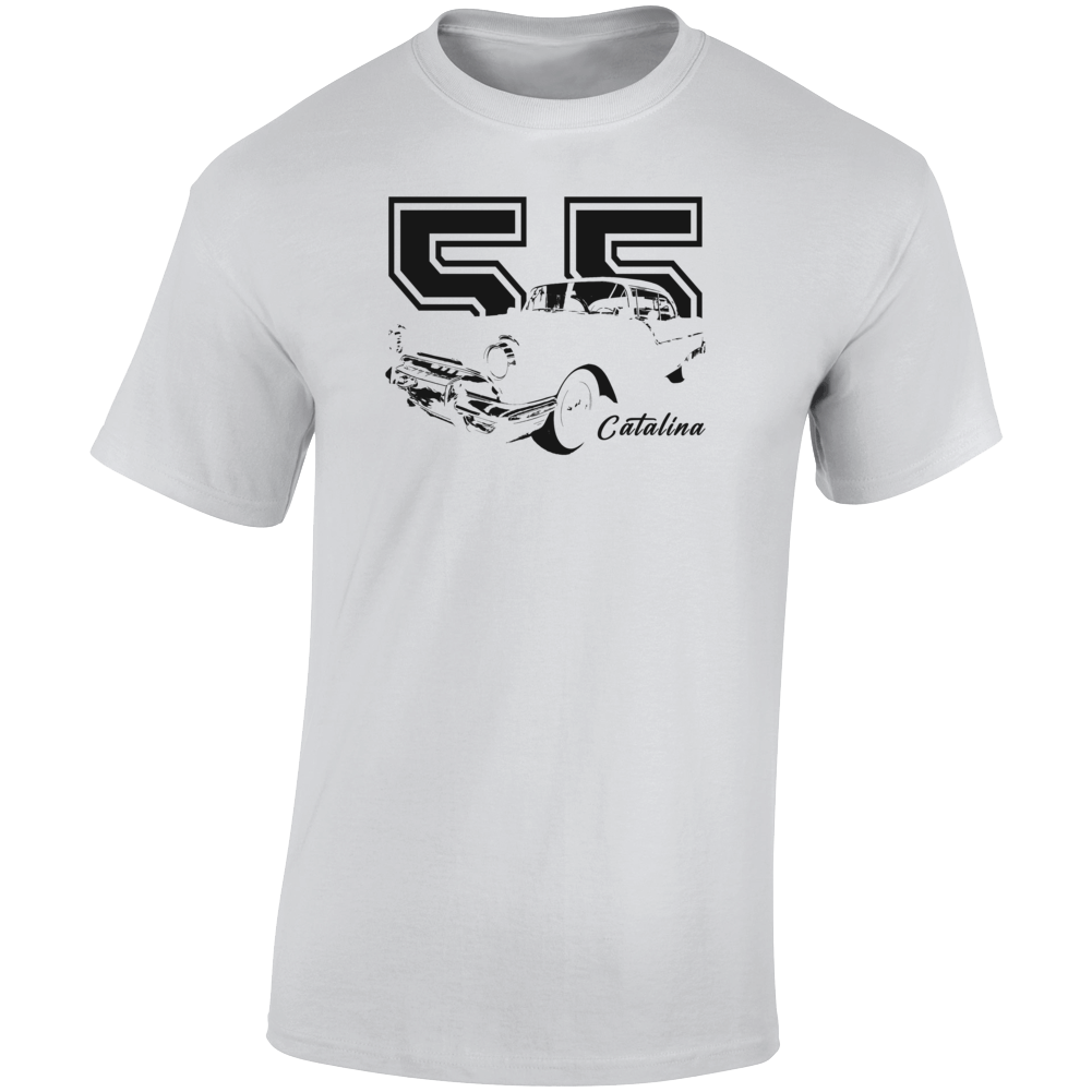 1955 Catalina Three Quarter Angle View With Year And Model Name Light Color T Shirt