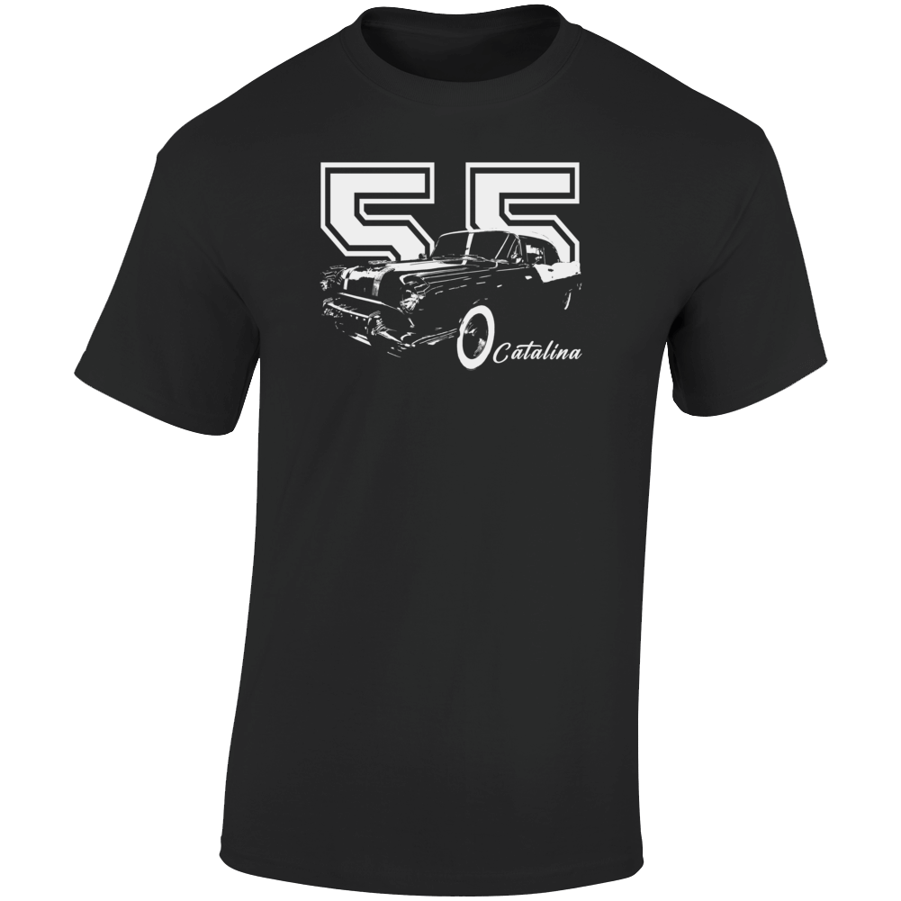 1955 Catalina Three Quarter Angle View With Year And Model Name Dark Color T Shirt