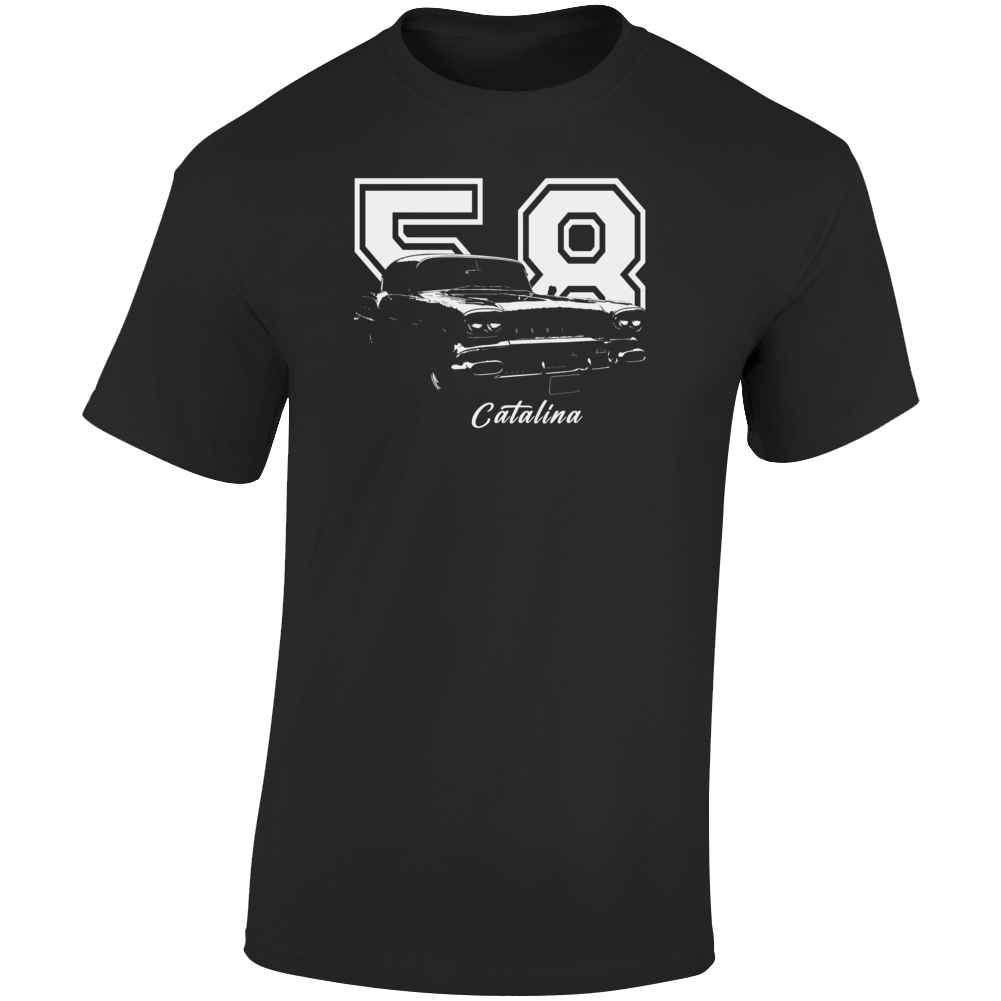 1958 Catalina Three Quarter Angle View With Year And Model Name Dark Color T Shirt