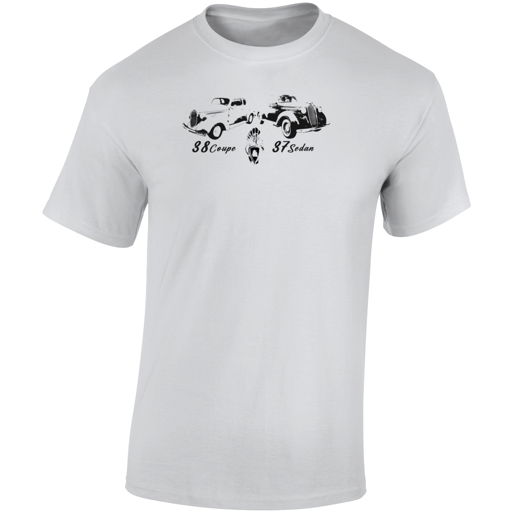 1937 4 Door Sedan &amp; 1938 Business Coupe Three Quarter Angle View With Year And Model Names Light Color T Shirt