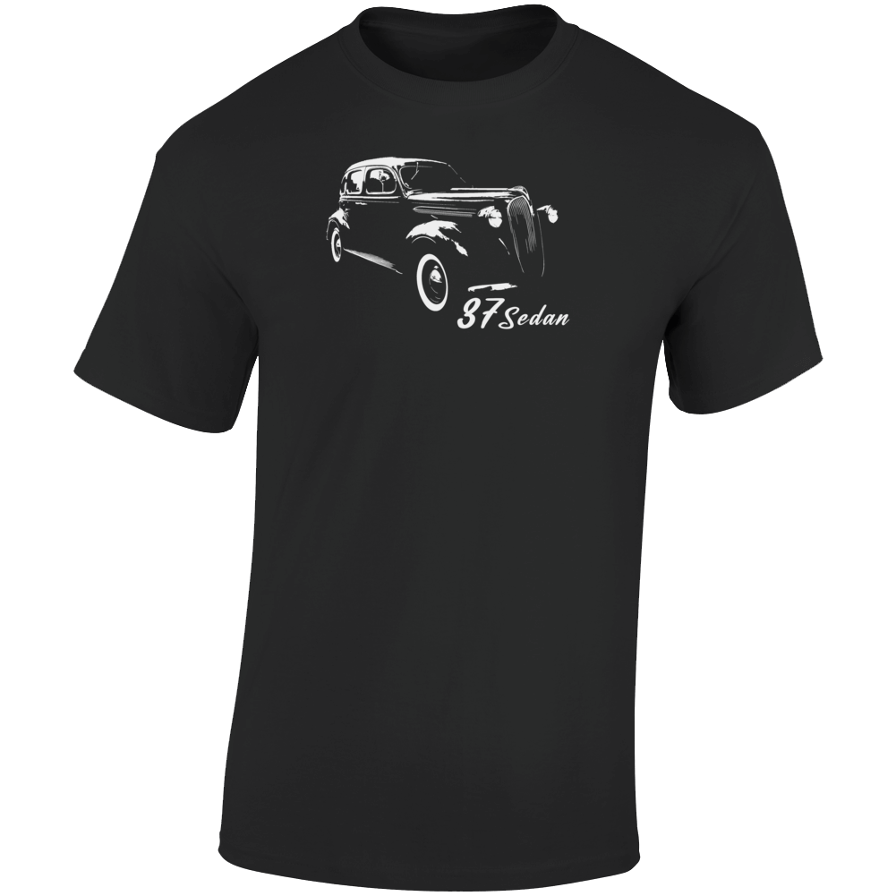 1937 4 Door Sedan Three Quarter Angle View With Model Name Dark Color T Shirt