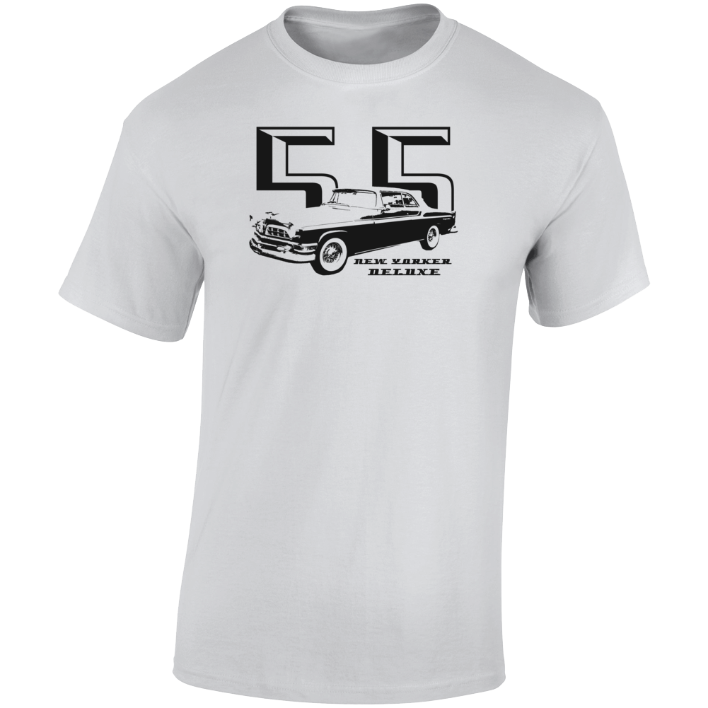 1955 New Yorker Deluxe Three Quarter Angle View With Year And Model Name Light Color T Shirt