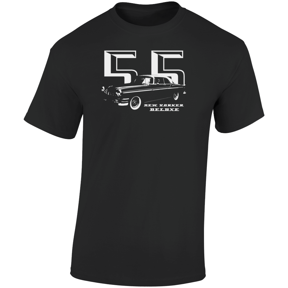 1955 New Yorker Deluxe Three Quarter Angle View With Year And Model Name Dark Color T Shirt