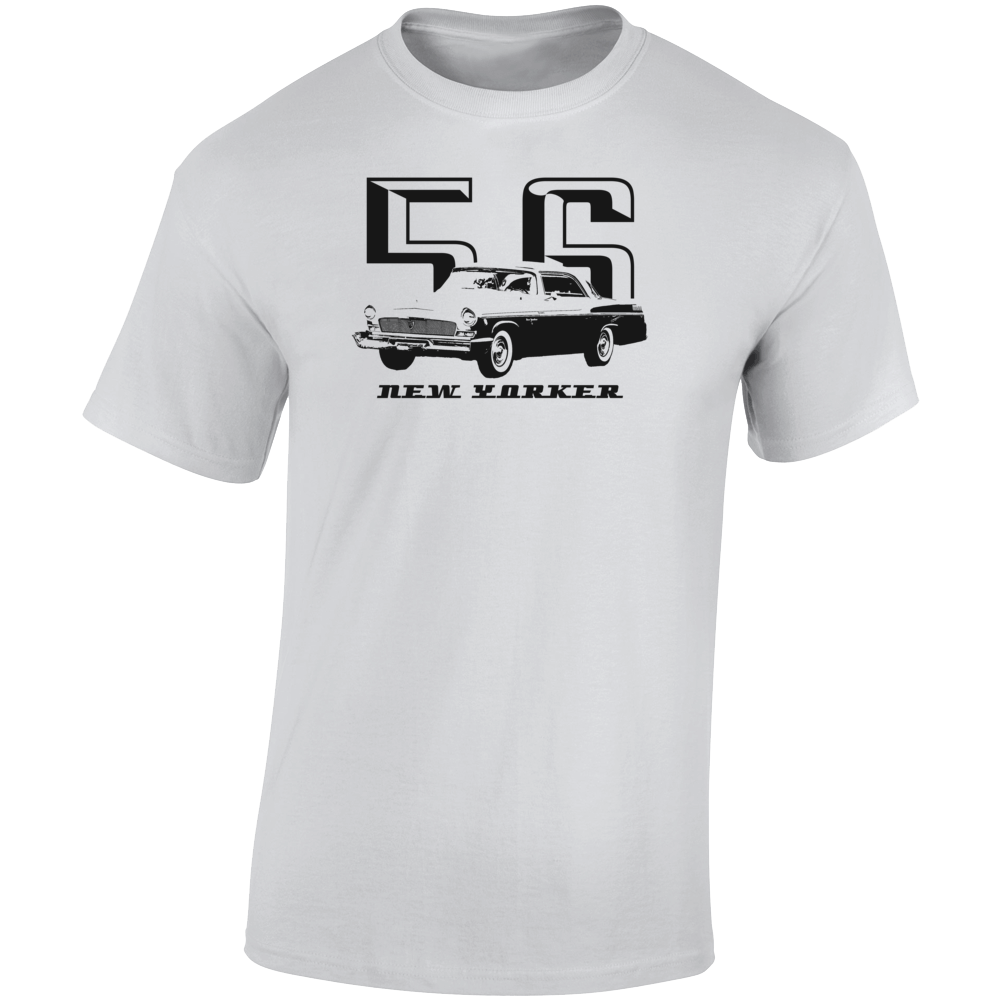 1956 New Yorker Deluxe Three Quarter Angle View With Year And Model Name Light Color T Shirt