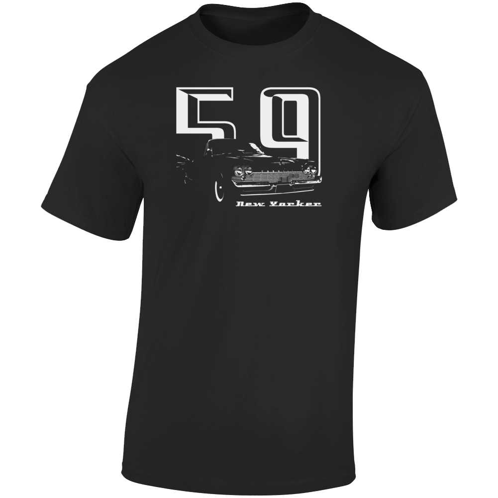 1959 New Yorker Three Quarter Angle View With Year And Model Name Dark Color T Shirt