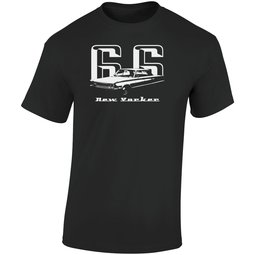 1966 New Yorker Three Quarter Angle View With Year And Model Name Dark Color T Shirt