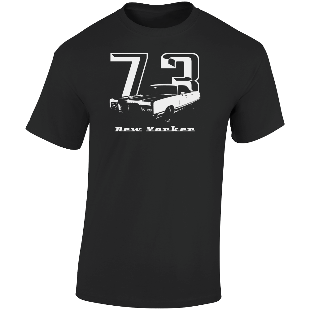 1973 New Yorker Three Quarter Angle View With Year And Model Name Dark Color T Shirt