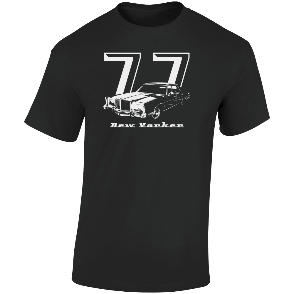1977 New Yorker Three Quarter Angle View With Year And Model Name Dark Color T Shirt